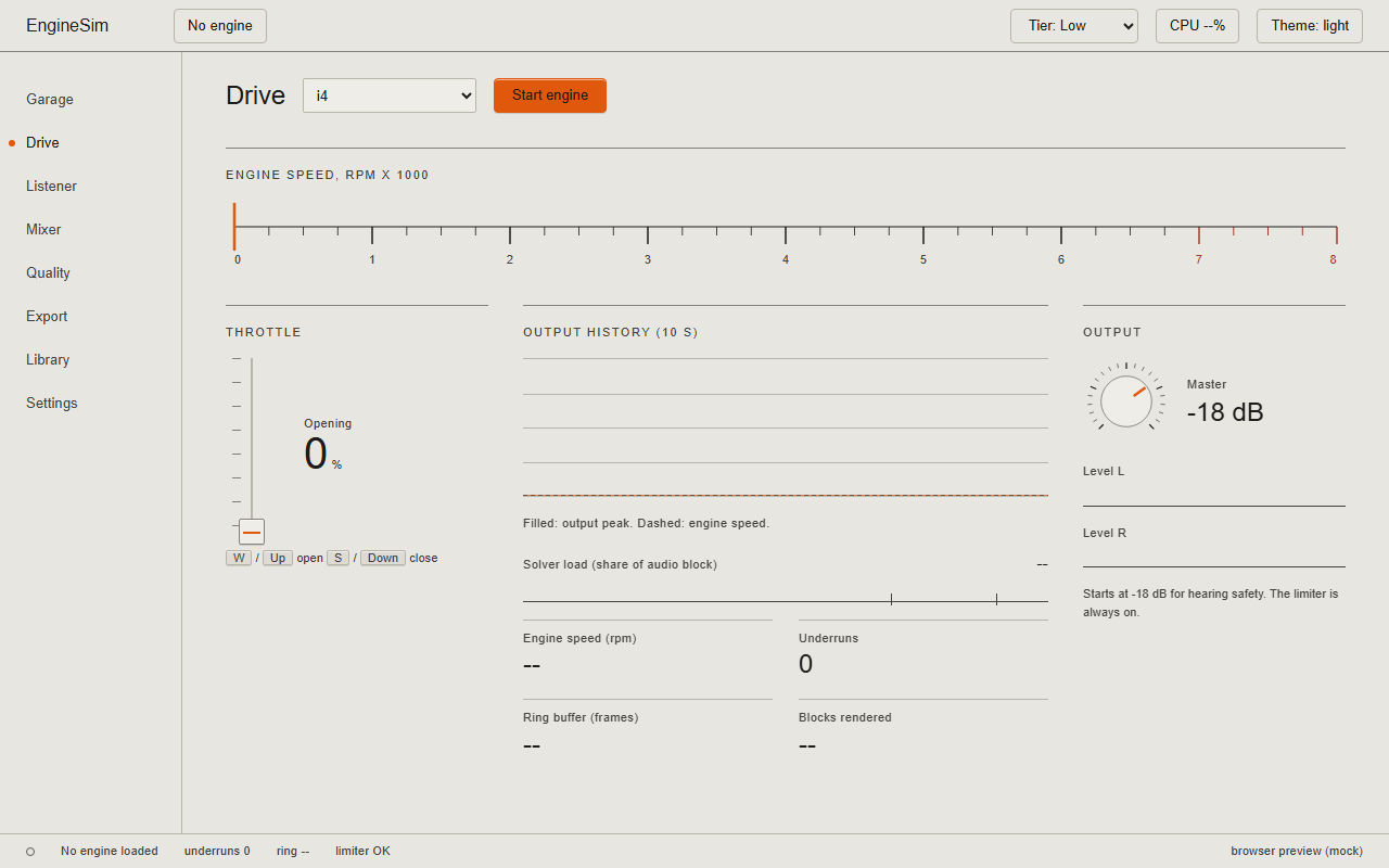 The Drive screen of the desktop app: an engine speed ruler along the top, a throttle slider on the left, a 10 second output history in the middle and a master volume dial on the right