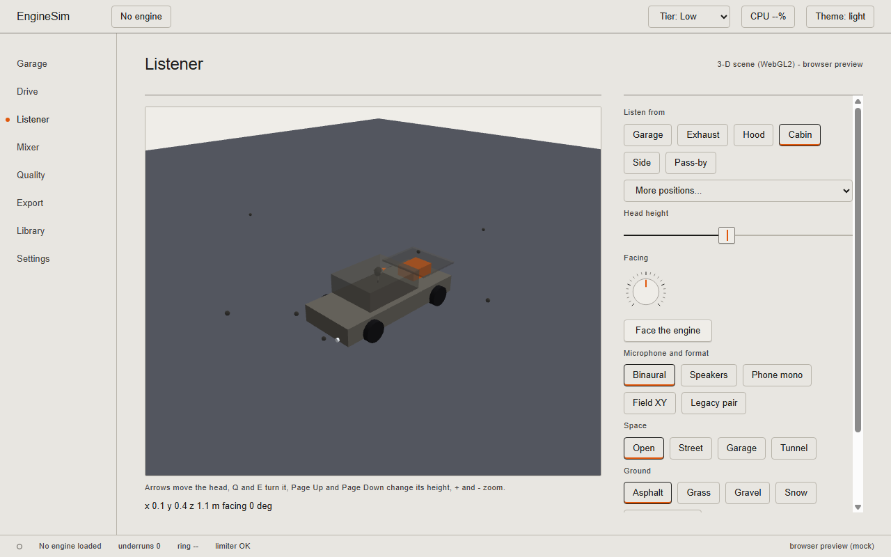 The Listener screen of the desktop app: a 3-D view of a simple car with the listener positions around it, and buttons for listening position, microphone format, space and ground