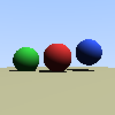 A tiny render of a red, a green and a blue sphere on a flat ground under a sky, blocky because it is only 100 by 100 pixels.